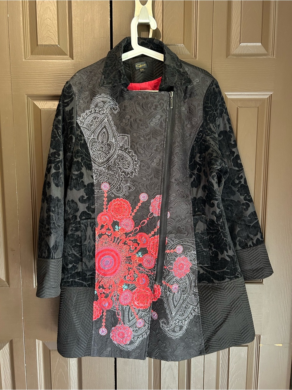Womens Black Trench Coat with Red Floral and Paisley Embroidery